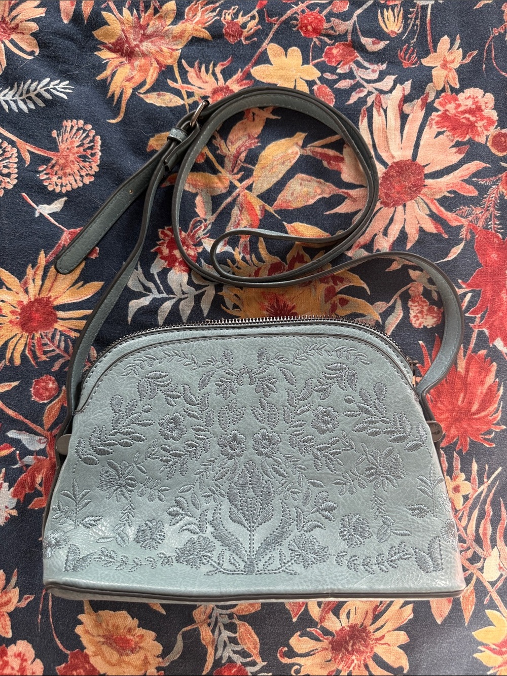 Embroidered Suede Crossbody Bag in Light Gray